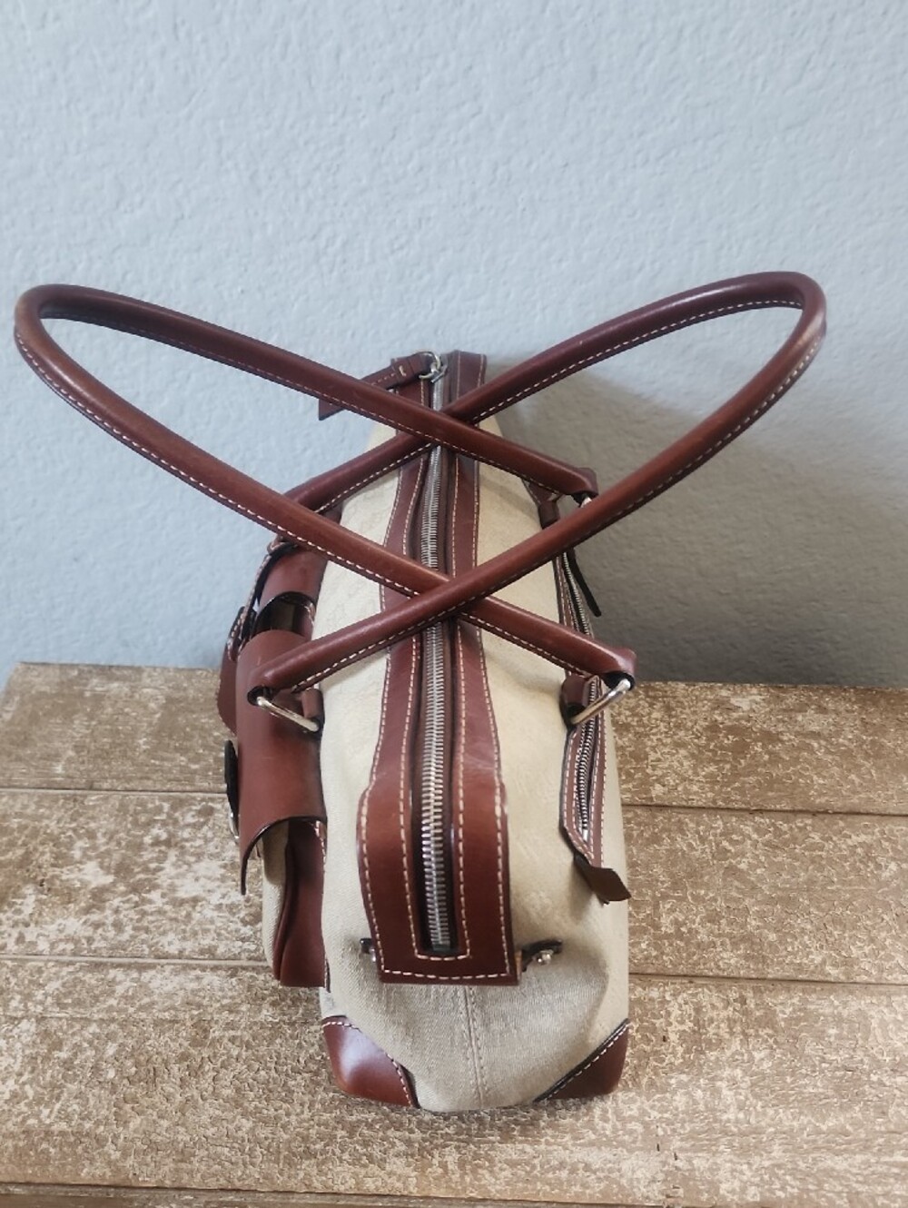 Dooney & Bourke Cream Canvas Satchel with Brown Leather Trim and Front Pockets - Picture 6 of 11